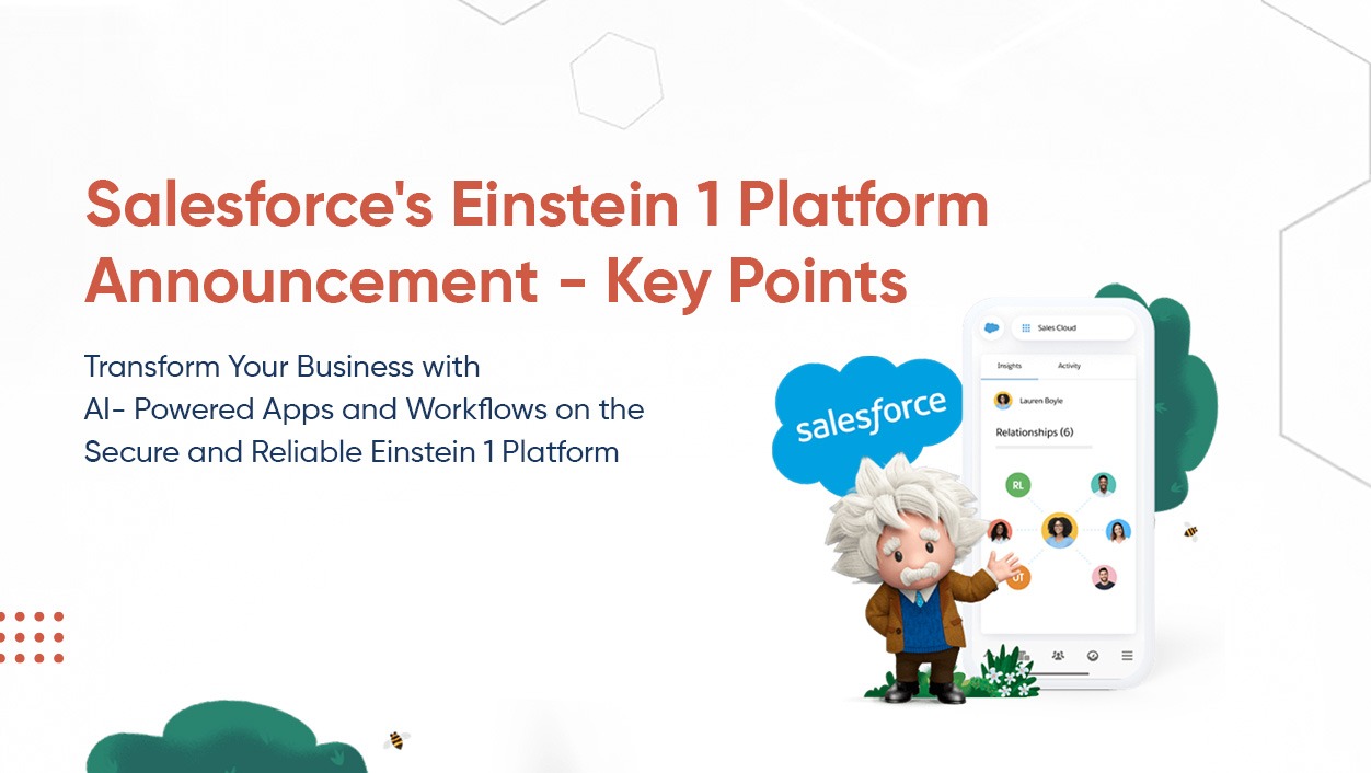 Graphic design by EMBE Tech Solutions titled Dreamforce 2023: Salesforce's Einstein 1 Platform Announcement Key Points
